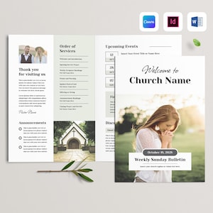 Mall för kyrkomeddelanden | Program för söndagsgudstjänster | Modern nyhetsbrevsbroschyr | Broschyr för gudstjänstevenemang (Canva, MS Word, InDesign)