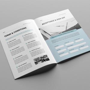 May include: A black and white image of an open document with the title "Terms & Conditions" on the left page and "Acceptance & Sign Off" on the right page. The right page has a form with fields for name, email, company, website, and signature.