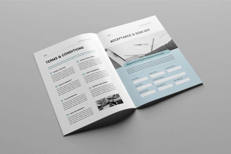 May include: A black and white image of an open document with the title "Terms & Conditions" on the left page and "Acceptance & Sign Off" on the right page. The right page has a form with fields for name, email, company, website, and signature.