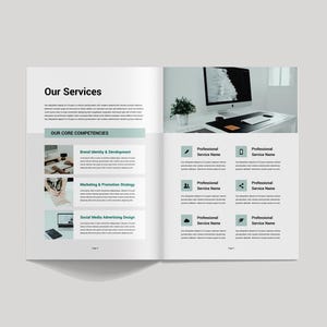 May include: A brochure spread titled "Our Services" with text and images. The left page lists "Our Core Competencies" with sections for Brand Identity & Development, Marketing & Promotion Strategy, and Social Media Advertising Design. The right page has service icons.