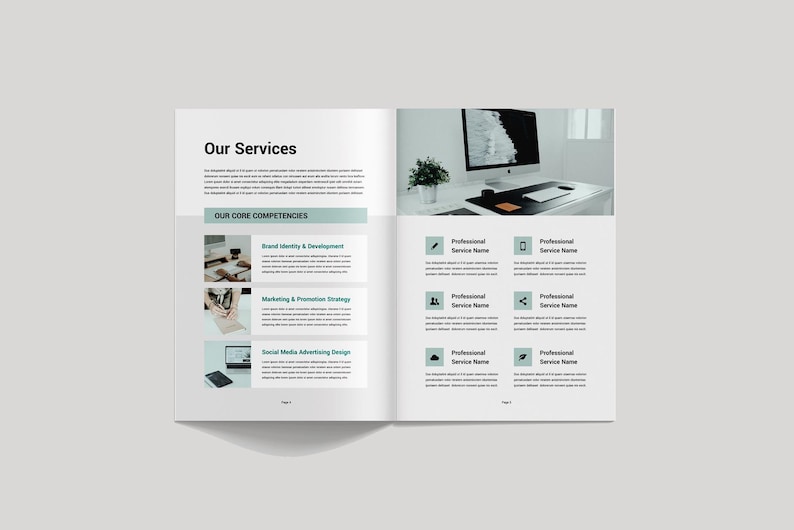 May include: A brochure spread titled "Our Services" with text and images. The left page lists "Our Core Competencies" with sections for Brand Identity & Development, Marketing & Promotion Strategy, and Social Media Advertising Design. The right page has service icons.