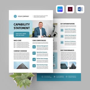 May include: A business capability statement template with a professional design. The document features a photo of a man in a suit, along with sections for NAICS code, core competencies, and company overview. The design includes blue and white accents.