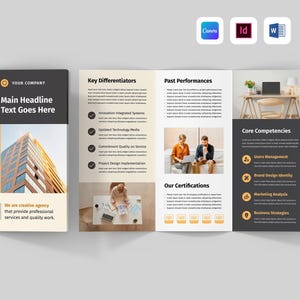May include: A tri-fold brochure in dark grey and orange. The brochure's content includes key differentiators, past performances, and core competencies of a creative agency. The brochure features images and text, with a building image.