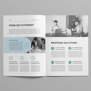 May include: A two-page document with a black and white photo of two people working on laptops. The document is titled "Problem Statement" and "Proposed Solutions". The document outlines the challenges and solutions to a problem.