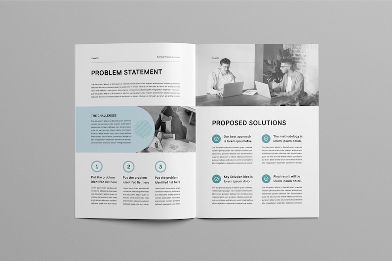 May include: A two-page document with a black and white photo of two people working on laptops. The document is titled "Problem Statement" and "Proposed Solutions". The document outlines the challenges and solutions to a problem.