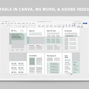 May include: A laptop screen displays a project proposal template. The template is in a light green and white color scheme and includes sections for "About Us," "Meet The Team," and "Case Study." The text "EDITABLE IN CANVA, MS WORD, & ADOBE INDESIGN" is at the top.