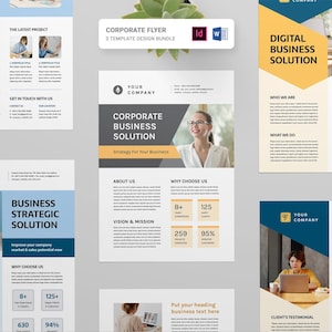 Peut inclure: Ensemble de modèles de flyers d'entreprise au design moderne. Les flyers présentent des images de professionnels, du texte et des graphiques. La palette de couleurs comprend le bleu, le jaune et le blanc. Le texte comprend "Corporate Business Solution".