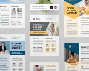 May include: A collection of corporate flyer templates with a modern design. The flyers feature images of professionals, text, and graphics. The color scheme includes blue, yellow, and white. The text includes "Corporate Business Solution" and "Digital Business Solution".