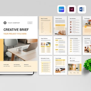 May include: A creative brief document template featuring a cover page with a desk workspace image and multiple interior pages including project overview, team members, timeline, and budget sections, with icons for Canva, InDesign, and Word software.