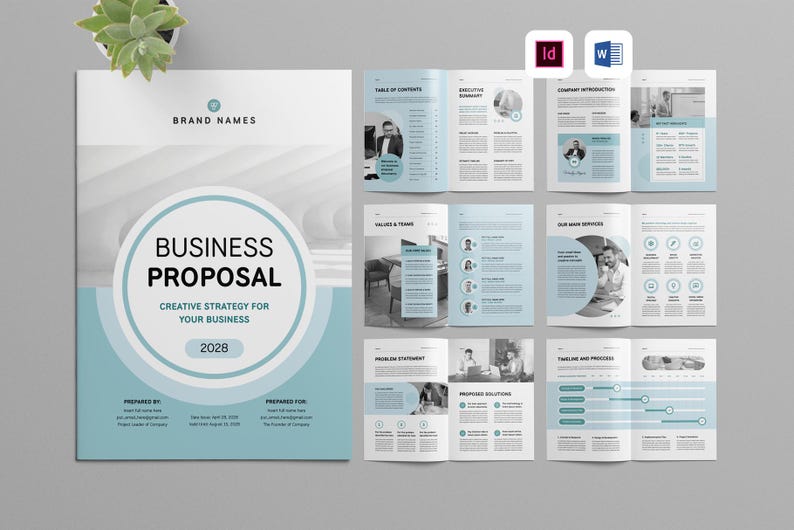May include: A blue and white business proposal template with the title "Business Proposal" and the text "Creative Strategy for Your Business 2028". The template includes sections for table of contents, executive summary, company introduction, values & team, our main services, problem statement, proposed solutions, timeline and process, and more.