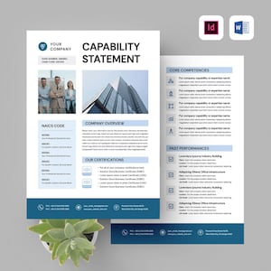 May include: A Capability Statement document with a white background and blue accents. The document includes sections for company information, core competencies, and past performances. The image also shows a succulent plant and icons for Adobe InDesign and Microsoft Word.