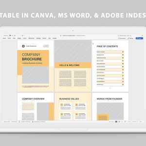 Op de afbeelding: Een laptopscherm toont een sjabloon voor een bedrijfsbrochure. Het brochureontwerp heeft een geel en wit kleurenschema met secties voor het bedrijfsoverzicht, bedrijfswaarden en een inhoudsopgave. De tekst "EDITABLE IN CANVA, MS WORD, & ADOBE INDESIGN" staat bovenaan.