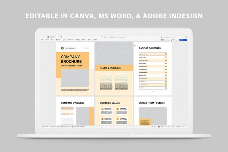 Op de afbeelding: Een laptopscherm toont een sjabloon voor een bedrijfsbrochure. Het brochureontwerp heeft een geel en wit kleurenschema met secties voor het bedrijfsoverzicht, bedrijfswaarden en een inhoudsopgave. De tekst "EDITABLE IN CANVA, MS WORD, & ADOBE INDESIGN" staat bovenaan.