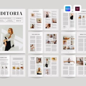 May include: A magazine spread with the title "EDITORIA" and the text "ISSUE 01". The pages feature articles on yoga, home styling, and workspace ideas. The cover shows a woman in a white shirt and black pants.