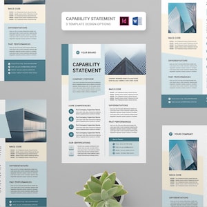 May include: A collection of Capability Statement templates in various designs. The templates feature a modern layout with sections for company overview, core competencies, and certifications. The color scheme includes shades of blue, beige, and white.