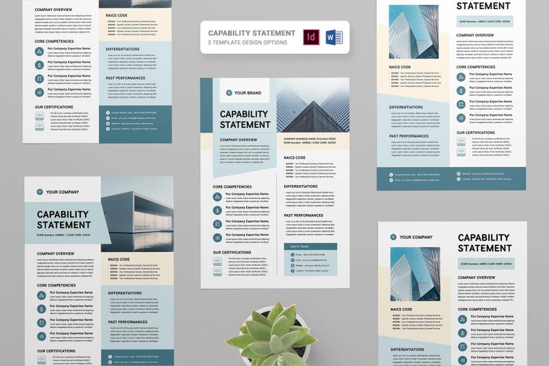 May include: A collection of Capability Statement templates in various designs. The templates feature a modern layout with sections for company overview, core competencies, and certifications. The color scheme includes shades of blue, beige, and white.
