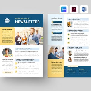 Op de afbeelding: Een nieuwsbriefsjabloon van twee pagina's met een blauw en geel kleurenschema. De linkerpagina toont de titel "Nieuwsbrief" en secties voor nieuws, hoogtepunten en aankondigingen. De rechterpagina bevat evenementen, artikelen en studentenportretten.