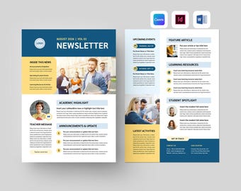 May include: A two-page newsletter template with a blue and yellow color scheme. The left page features the title "Newsletter" and sections for news, highlights, and announcements. The right page includes event listings, articles, and student spotlights.