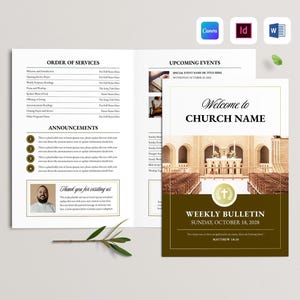 May include: A church bulletin template with a gold and white design. The cover reads "Welcome to CHURCH NAME" and "WEEKLY BULLETIN" with the date. Inside, there's an order of services and announcements.