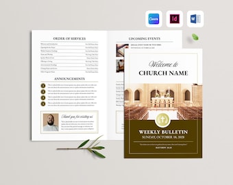 Church Bulletin Template | Modern Weekly Worship Program | Sunday Service Newsletter | Elegant Bifold Brochure (Canva, MS Word, InDesign)