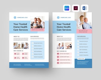 May include: Two flyers for Home Health Care Services. The flyers have a blue and white color scheme with images of elderly people. Text includes "Your Trusted Home Health Care Services" and service details.
