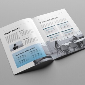 May include: An open business brochure, featuring the headings "ABOUT COMPANY" and "BUSINESS HIGHLIGHTS". The brochure displays text, images, and key statistics, including "20 YEARS", "12 CITIES", "3M+ SALES", and "5 AWARDS". The pages are white with a grey background.