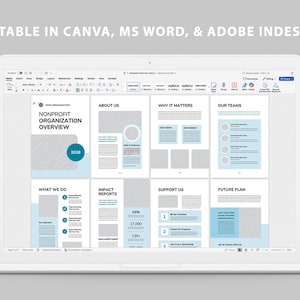Puede incluir: Una computadora port&aacute;til muestra una plantilla de resumen de una organizaci&oacute;n sin fines de lucro. El dise&ntilde;o presenta un dise&ntilde;o limpio con acentos azules y el texto "EDITABLE IN CANVA, MS WORD, & ADOBE INDESIGN." Secciones: "Acerca de nosotros", "Por qu&eacute; es importante".