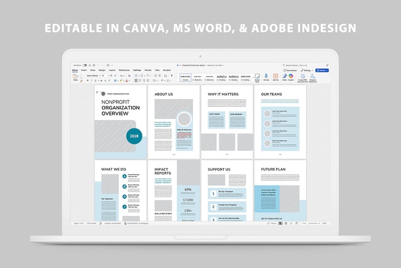 Puede incluir: Una computadora port&aacute;til muestra una plantilla de resumen de una organizaci&oacute;n sin fines de lucro. El dise&ntilde;o presenta un dise&ntilde;o limpio con acentos azules y el texto "EDITABLE IN CANVA, MS WORD, & ADOBE INDESIGN." Secciones: "Acerca de nosotros", "Por qu&eacute; es importante".