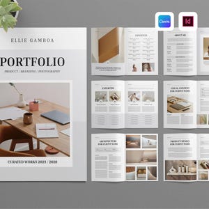 May include: A multi-page portfolio template featuring a cover page titled Ellie Gamboa Portfolio Product Branding Photography Curated Works 2023 2028 and several interior spreads with sections for contents, about me, expertise, and project showcases.