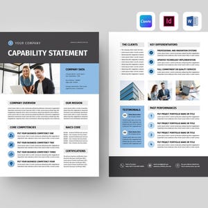 May include: A two-page document titled "CAPABILITY STATEMENT" with a blue and gray color scheme. The document includes sections for company data, company overview, mission, core competencies, and certifications. Images of people and buildings are also included.