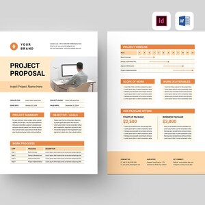 May include: A project proposal template with a light orange and white color scheme. The template includes sections for project timeline, scope of work, work deliverables, project summary, objectives and goals, work process, and our package offers. The template also includes a contact us section.