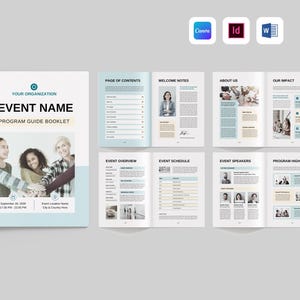 Può includere: Un opuscolo guida del programma per un evento, con il testo "EVENT NAME" e "PROGRAM GUIDE BOOKLET". L'opuscolo include pagine con contenuti, foto e dettagli dell'evento. Il design è pulito con uno schema di colori blu chiaro e bianco.