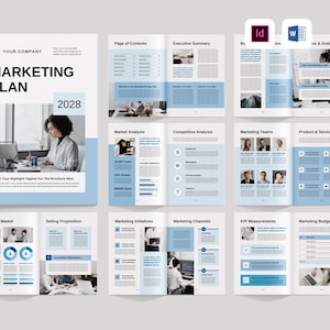 Puede incluir: Una plantilla de plan de marketing azul y blanco para 2028. La plantilla incluye secciones para el mercado objetivo, la propuesta de venta, las iniciativas de marketing, los canales de marketing, las mediciones de KPI y los presupuestos de marketing.