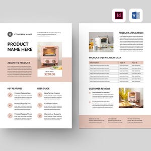 Sjabloon productverkoopblad | Microsoft Word | Adobe Indesign | Flyer met productgids | Zakelijk verkoopblad | Specificatiegegevens One Pager