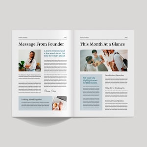 May include: Open magazine spread with the headline "Message From Founder" and "This Month At a Glance." Features photos, text, and the phrase "Looking Ahead Together." The layout is clean with a light gray background.