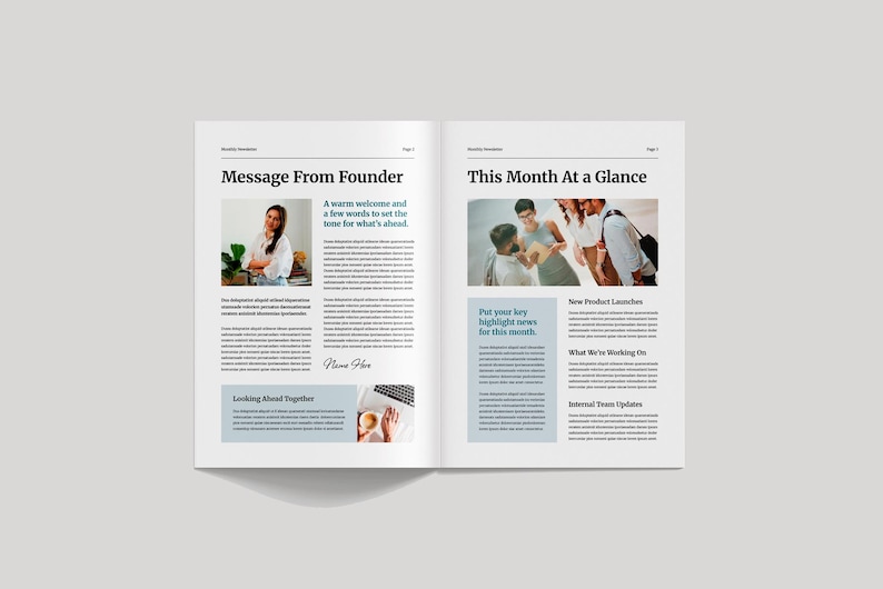 May include: Open magazine spread with the headline "Message From Founder" and "This Month At a Glance." Features photos, text, and the phrase "Looking Ahead Together." The layout is clean with a light gray background.