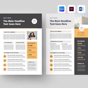 May include: Two-page white paper design with a dark gray and orange color scheme. The headline "The Main Headline Text Goes Here" is displayed at the top. Includes sections for executive summary, problem & solution, and key benefits.