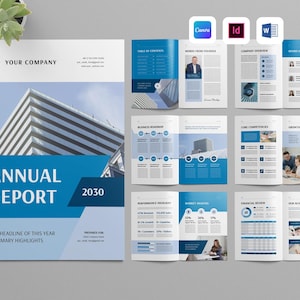 Op de afbeelding: Een ontwerp voor een jaarverslag van een bedrijf met een moderne uitstraling. De omslag heeft een blauw-witte kleurstelling met de tekst "ANNUAL REPORT 2030". Binnenpagina's tonen grafieken en afbeeldingen, met de tekst "YOUR COMPANY".