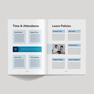 May include: An open book displaying "Time & Attendance" and "Leave Policies". The pages feature text boxes with headings such as "Work Hours", "Breaks Time", "Vacation Time", and "Sick Leave". A photograph of two people is included.