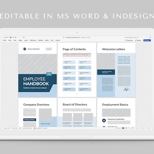 May include: A laptop screen shows an employee handbook template. The handbook cover is dark blue and features the title "EMPLOYEE HANDBOOK". Other sections include "Page of Contents" and "Welcome Letters". The text "EDITABLE IN MS WORD & INDESIGN" is at the top.