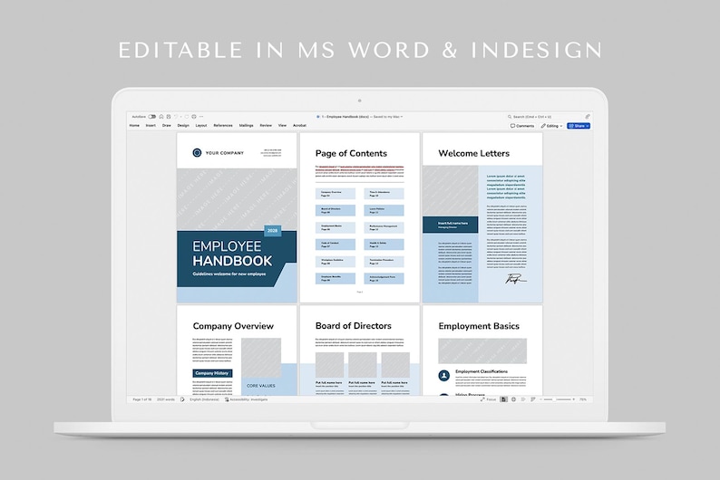 May include: A laptop screen shows an employee handbook template. The handbook cover is dark blue and features the title "EMPLOYEE HANDBOOK". Other sections include "Page of Contents" and "Welcome Letters". The text "EDITABLE IN MS WORD & INDESIGN" is at the top.