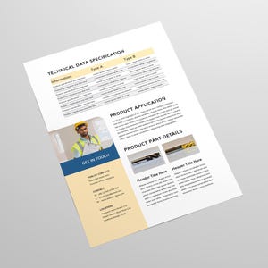 May include: A white document titled "TECHNICAL DATA SPECIFICATION" with sections for "Type A" and "Type B" data. It features a photo of a person in a hard hat and safety vest, and the text "GET IN TOUCH".