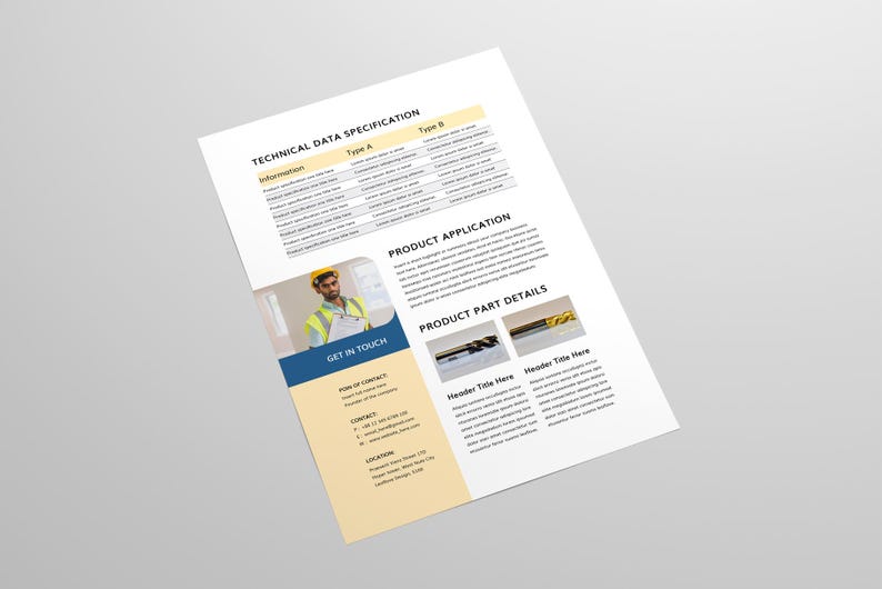 May include: A white document titled "TECHNICAL DATA SPECIFICATION" with sections for "Type A" and "Type B" data. It features a photo of a person in a hard hat and safety vest, and the text "GET IN TOUCH".