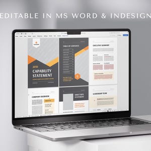 May include: A laptop displaying a business document template. The document features a dark gray and orange color scheme with sections for a capability statement, table of contents, and executive summary. Text on the screen reads "EDITABLE IN MS WORD & INDESIGN" and "2030 CAPABILITY STATEMENT".