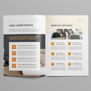 May include: An open brochure with the headings "CORE COMPETENCIES" and "SERVICES OFFERED". The left page lists company expertise titles, while the right page features a photo of two people working on laptops and service icons.