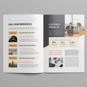 May include: A two-page spread from a brochure or magazine, featuring the headings "PAST PERFORMANCES" and "FEATURED PROJECTS." The layout includes project highlights, images, and text. The color scheme is primarily white, gray, and orange.
