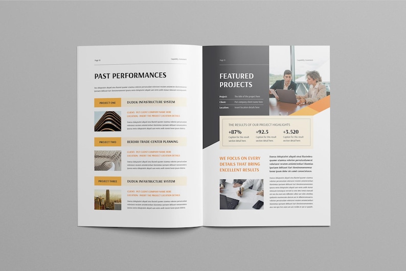 May include: A two-page spread from a brochure or magazine, featuring the headings "PAST PERFORMANCES" and "FEATURED PROJECTS." The layout includes project highlights, images, and text. The color scheme is primarily white, gray, and orange.