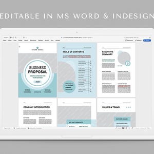 May include: A laptop screen displaying a business proposal template with sections for company introduction, table of contents, executive summary, and values & teams. The template features a blue and gray color scheme with a circular design element.