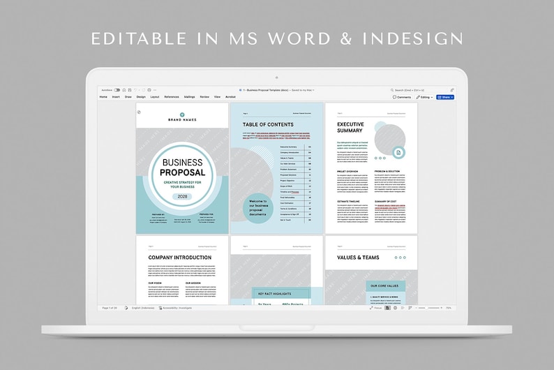 May include: A laptop screen displaying a business proposal template with sections for company introduction, table of contents, executive summary, and values & teams. The template features a blue and gray color scheme with a circular design element.