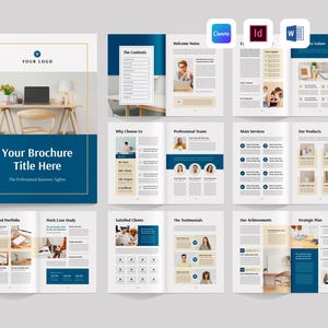 May include: A brochure design with a blue and white cover featuring the text "Your Brochure Title Here". Inside pages showcase content sections with images, headings, and text. Icons for Canva, Id, and W are visible.